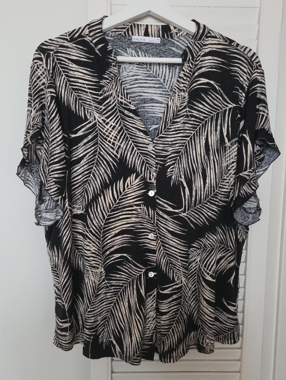 Black & Cream Palm-Print Button-Down Shirt Relaxed Fit Size 1X